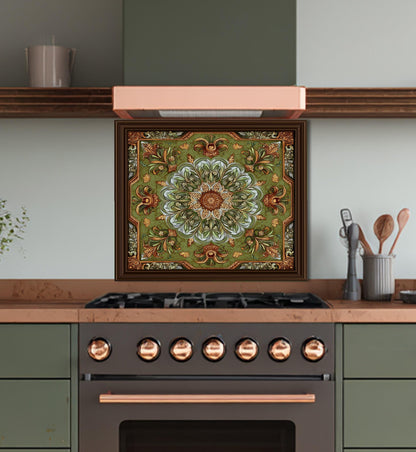 Ornate Lotus Mandala Glass Backsplash, Sage Green Floral Stove Panel, Custom Size Art