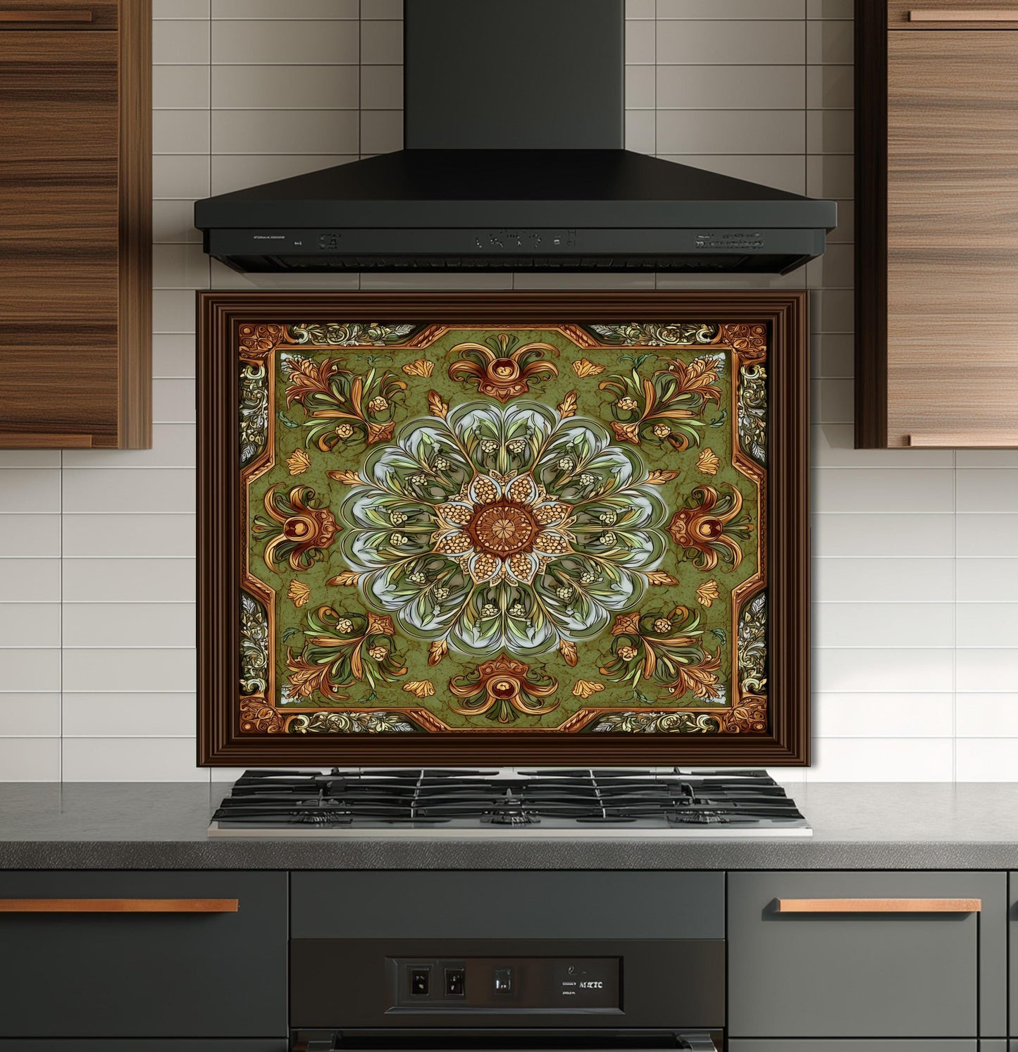 Ornate Lotus Mandala Glass Backsplash, Sage Green Floral Stove Panel, Custom Size Art