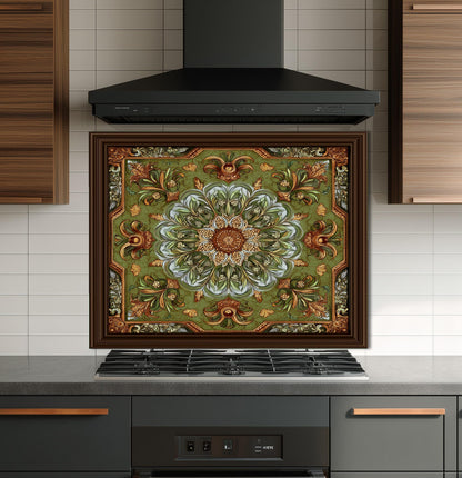 Ornate Lotus Mandala Glass Backsplash, Sage Green Floral Stove Panel, Custom Size Art