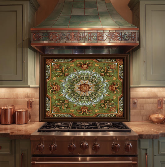 Ornate Lotus Mandala Glass Backsplash, Sage Green Floral Stove Panel, Custom Size Art