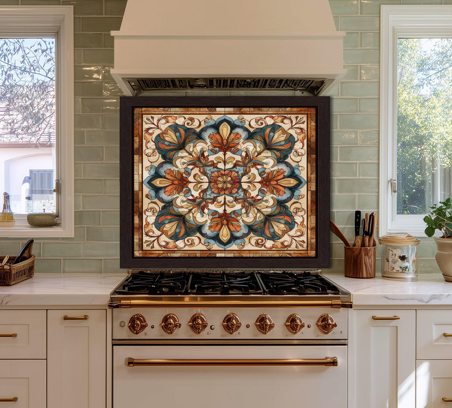 Ornate Amber Mandala Glass Backsplash, Floral Stained Glass Stove Panel, Custom Size Art
