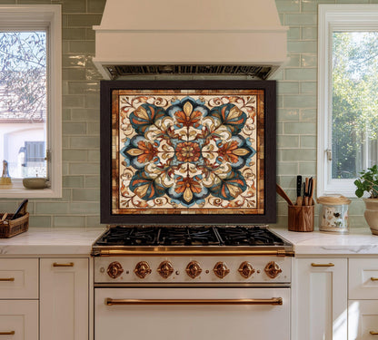 Ornate Amber Mandala Glass Backsplash, Floral Stained Glass Stove Panel, Custom Size Art