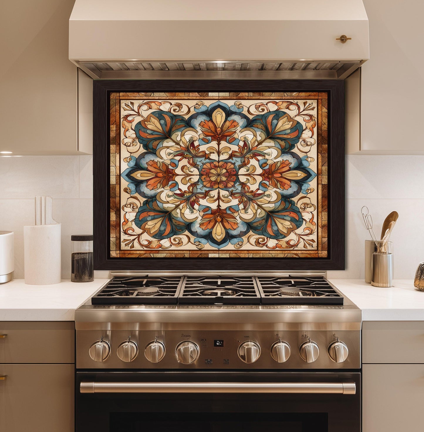 Ornate Amber Mandala Glass Backsplash, Floral Stained Glass Stove Panel, Custom Size Art