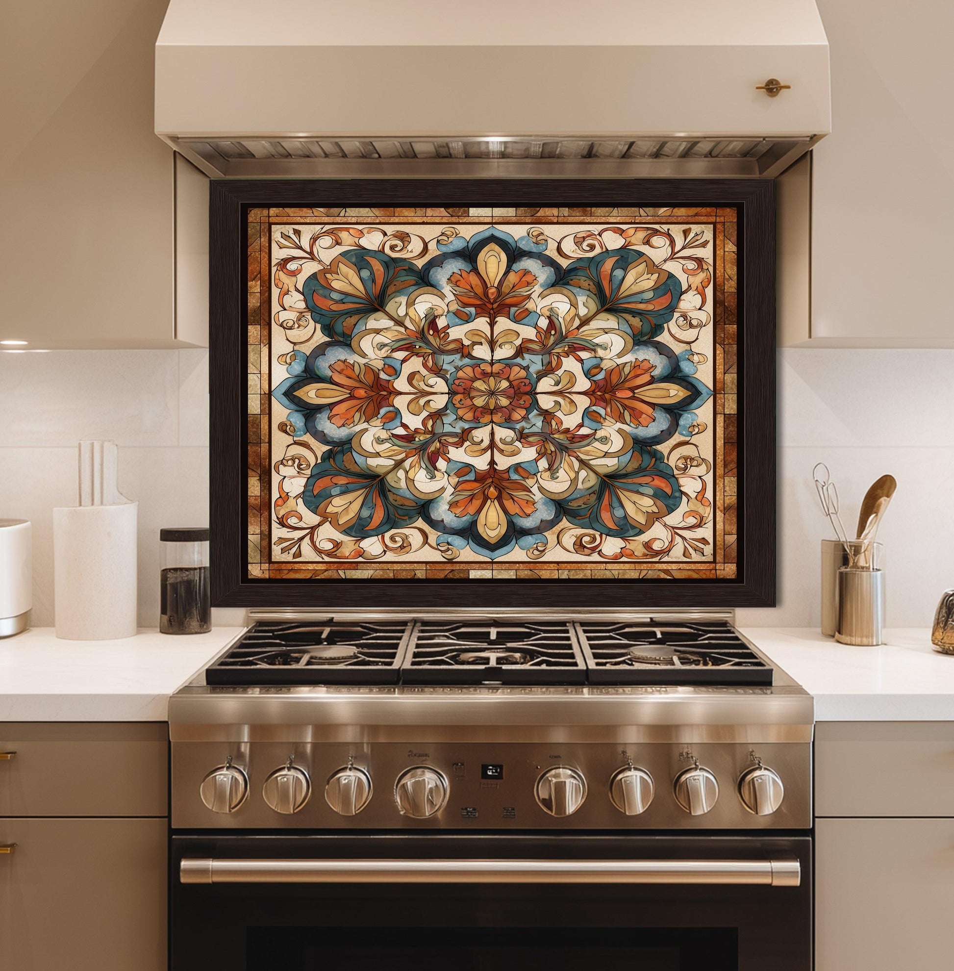 Ornate Amber Mandala Glass Backsplash, Floral Stained Glass Stove Panel, Custom Size Art