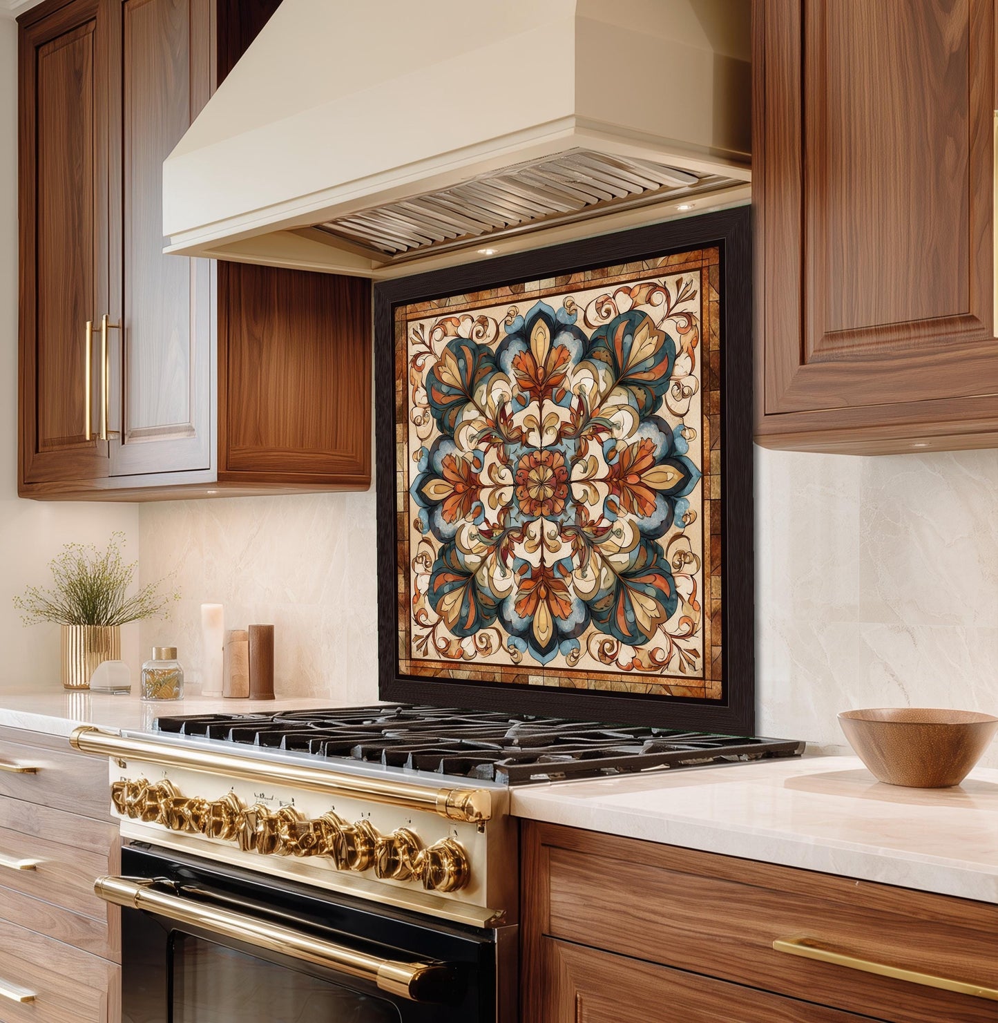 Ornate Amber Mandala Glass Backsplash, Floral Stained Glass Stove Panel, Custom Size Art