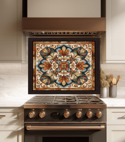Ornate Amber Mandala Glass Backsplash, Floral Stained Glass Stove Panel, Custom Size Art