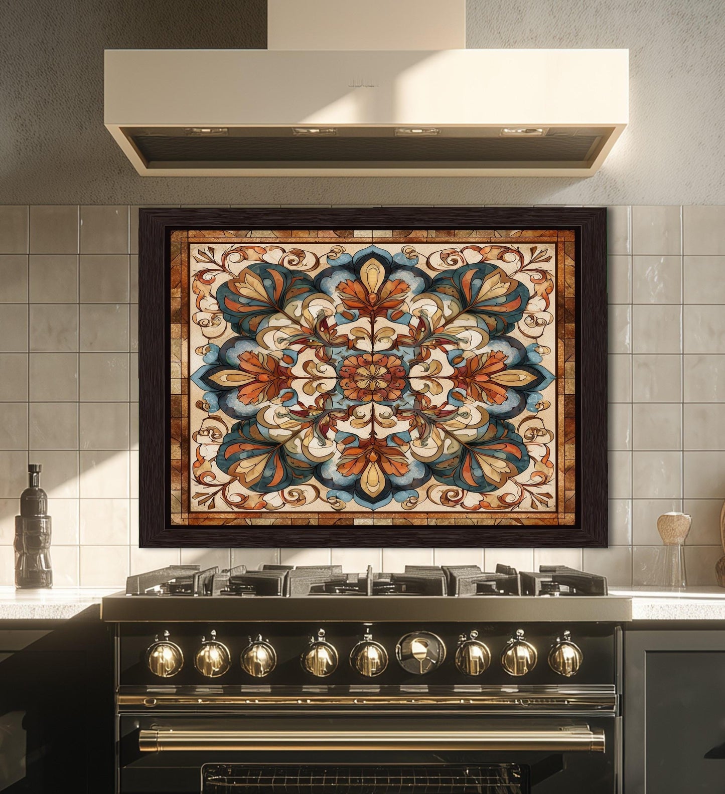 Ornate Amber Mandala Glass Backsplash, Floral Stained Glass Stove Panel, Custom Size Art