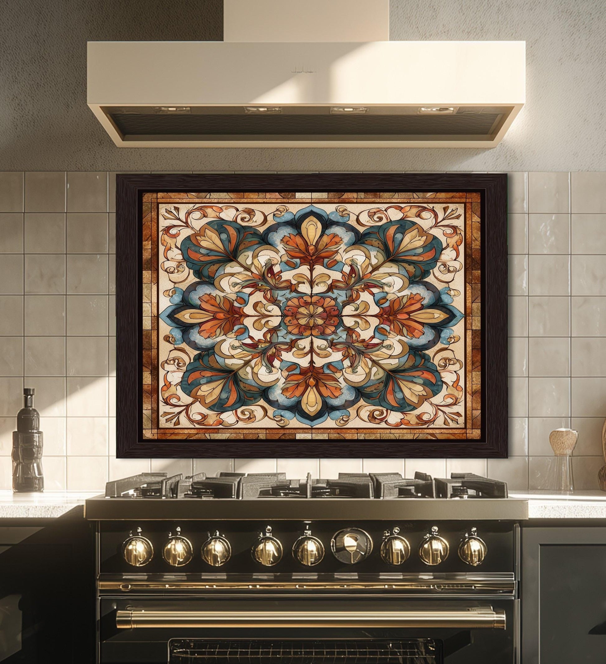 Ornate Amber Mandala Glass Backsplash, Floral Stained Glass Stove Panel, Custom Size Art