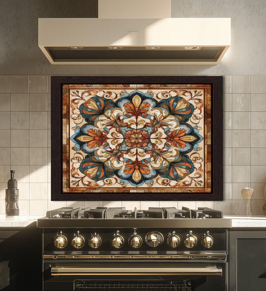 Ornate Amber Mandala Glass Backsplash, Floral Stained Glass Stove Panel, Custom Size Art