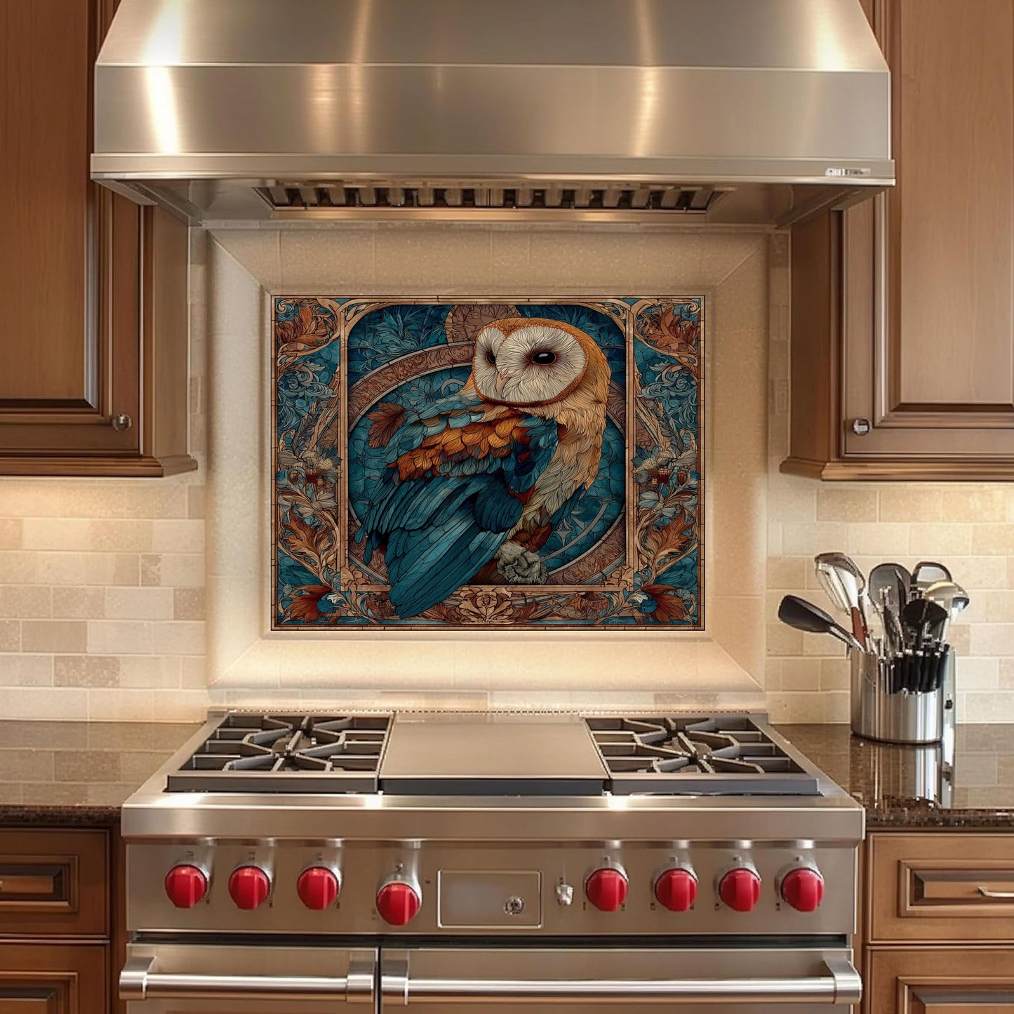 Stained Glass Owl Backsplash, Ornate Floral Mandala Wall Art, Custom Size Stove Panel
