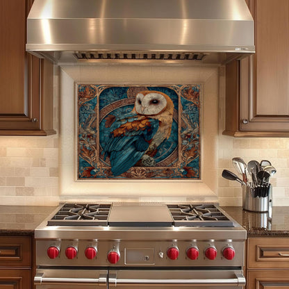 Stained Glass Owl Backsplash, Ornate Floral Mandala Wall Art, Custom Size Stove Panel