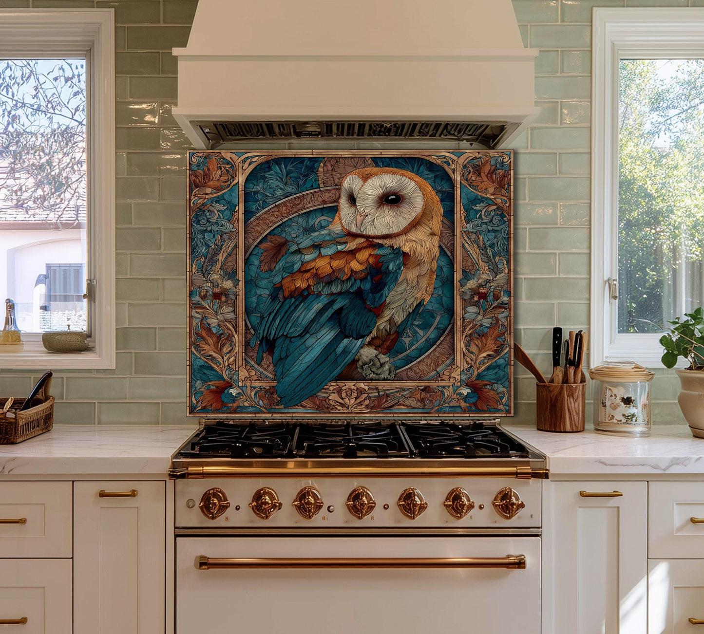 Stained Glass Owl Backsplash, Ornate Floral Mandala Wall Art, Custom Size Stove Panel