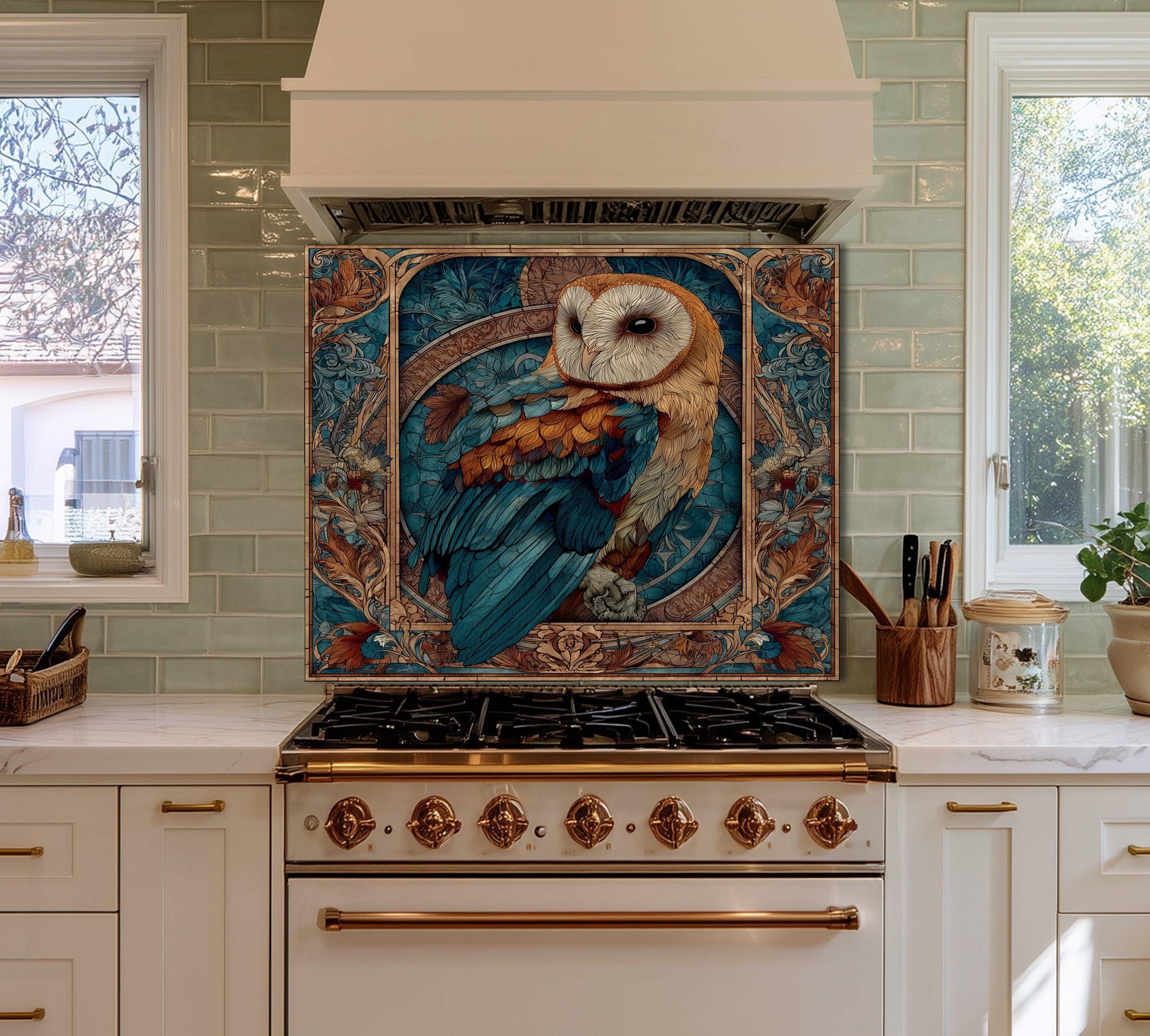 Stained Glass Owl Backsplash, Ornate Floral Mandala Wall Art, Custom Size Stove Panel