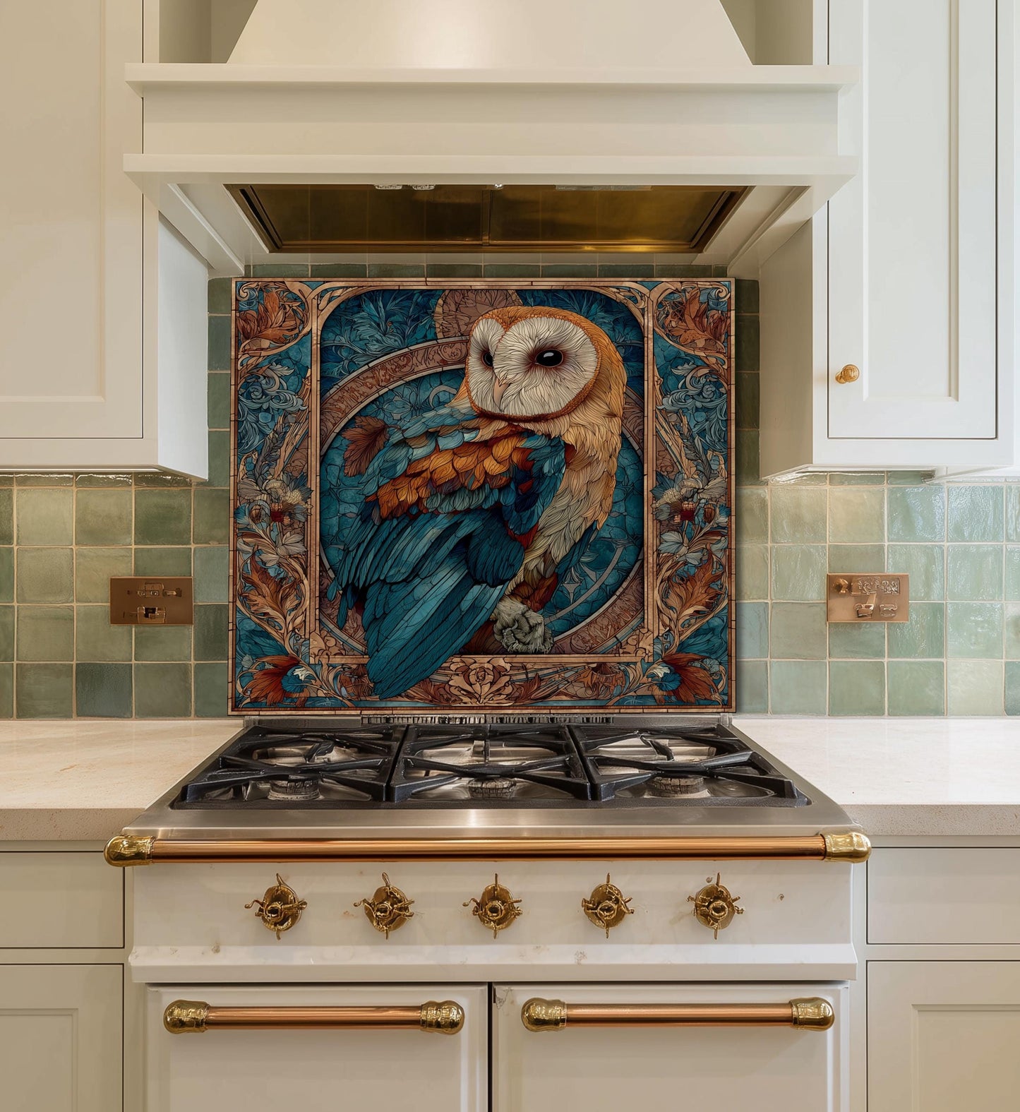 Stained Glass Owl Backsplash, Ornate Floral Mandala Wall Art, Custom Size Stove Panel