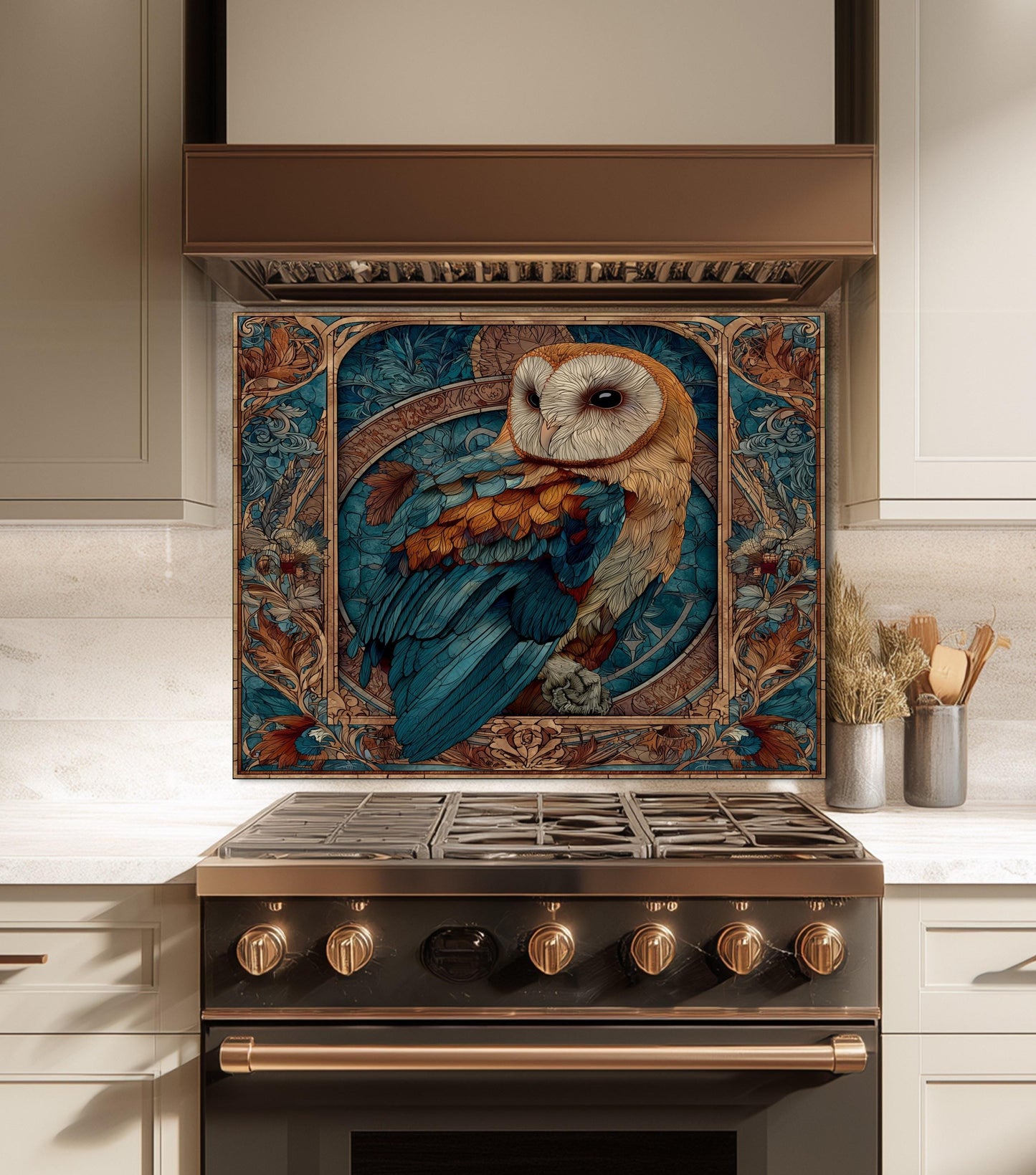 Stained Glass Owl Backsplash, Ornate Floral Mandala Wall Art, Custom Size Stove Panel