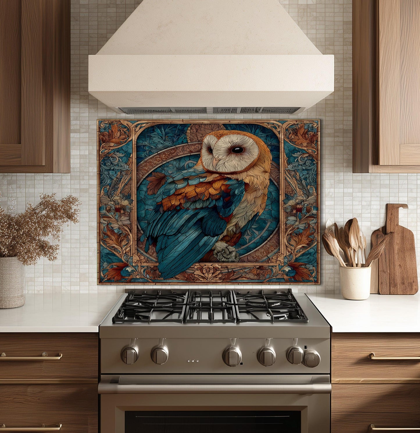 Stained Glass Owl Backsplash, Ornate Floral Mandala Wall Art, Custom Size Stove Panel