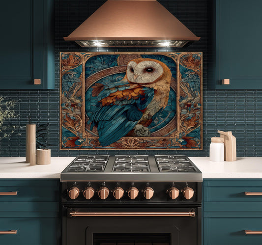 Stained Glass Owl Backsplash, Ornate Floral Mandala Wall Art, Custom Size Stove Panel