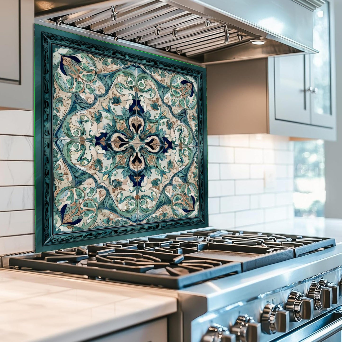 Baroque Acanthus Glass Backsplash, Teal Floral Wall Art, Custom Size Stove Panel
