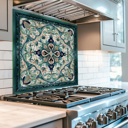 Baroque Acanthus Glass Backsplash, Teal Floral Wall Art, Custom Size Stove Panel