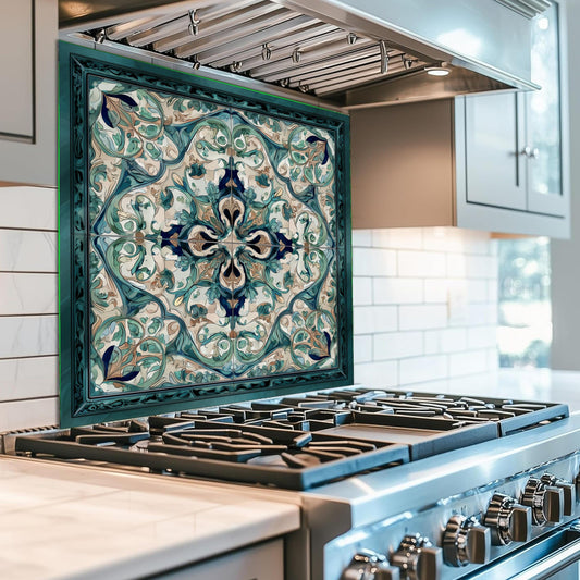 Baroque Acanthus Glass Backsplash, Teal Floral Wall Art, Custom Size Stove Panel
