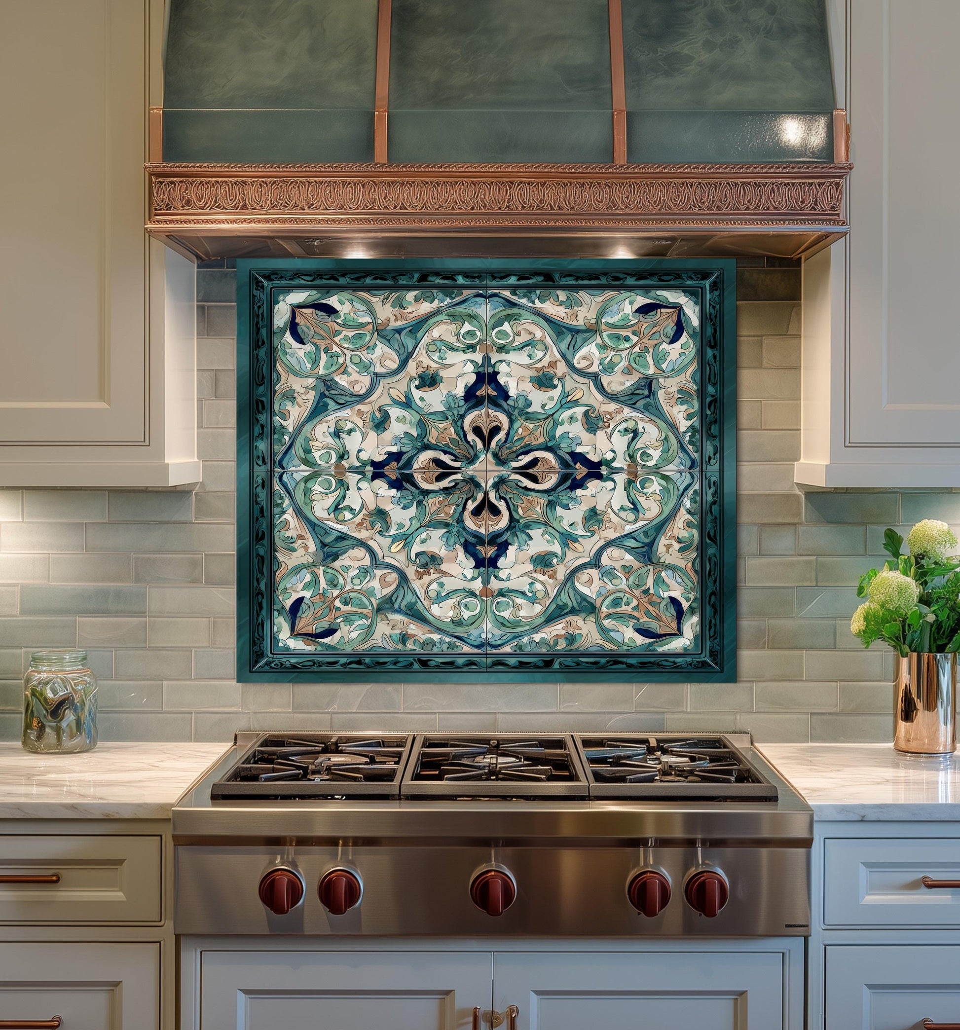 Baroque Acanthus Glass Backsplash, Teal Floral Wall Art, Custom Size Stove Panel
