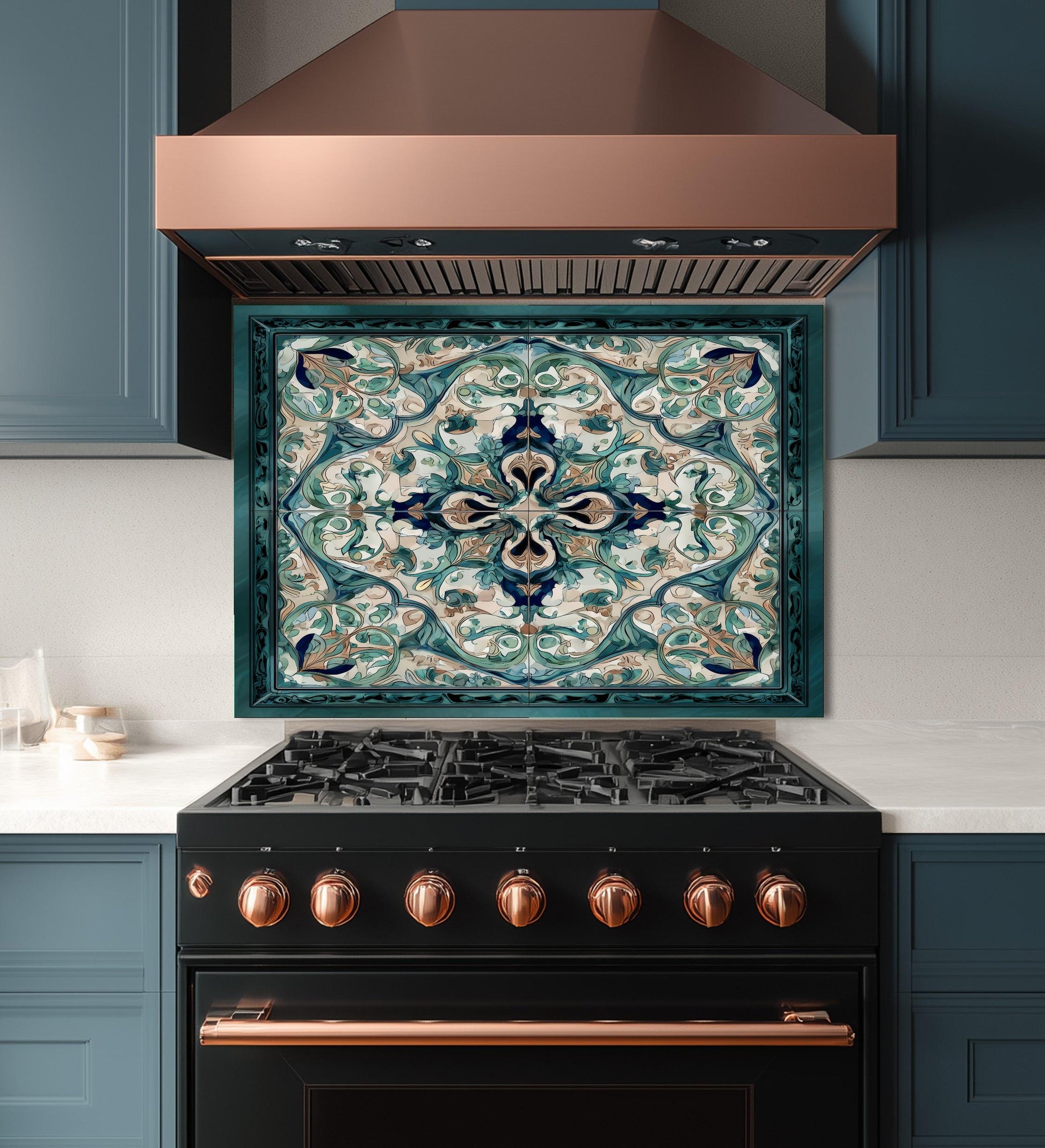 Baroque Acanthus Glass Backsplash, Teal Floral Wall Art, Custom Size Stove Panel