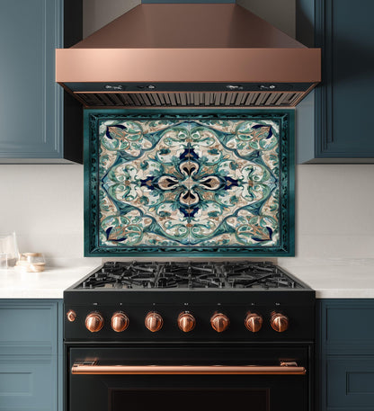 Baroque Acanthus Glass Backsplash, Teal Floral Wall Art, Custom Size Stove Panel
