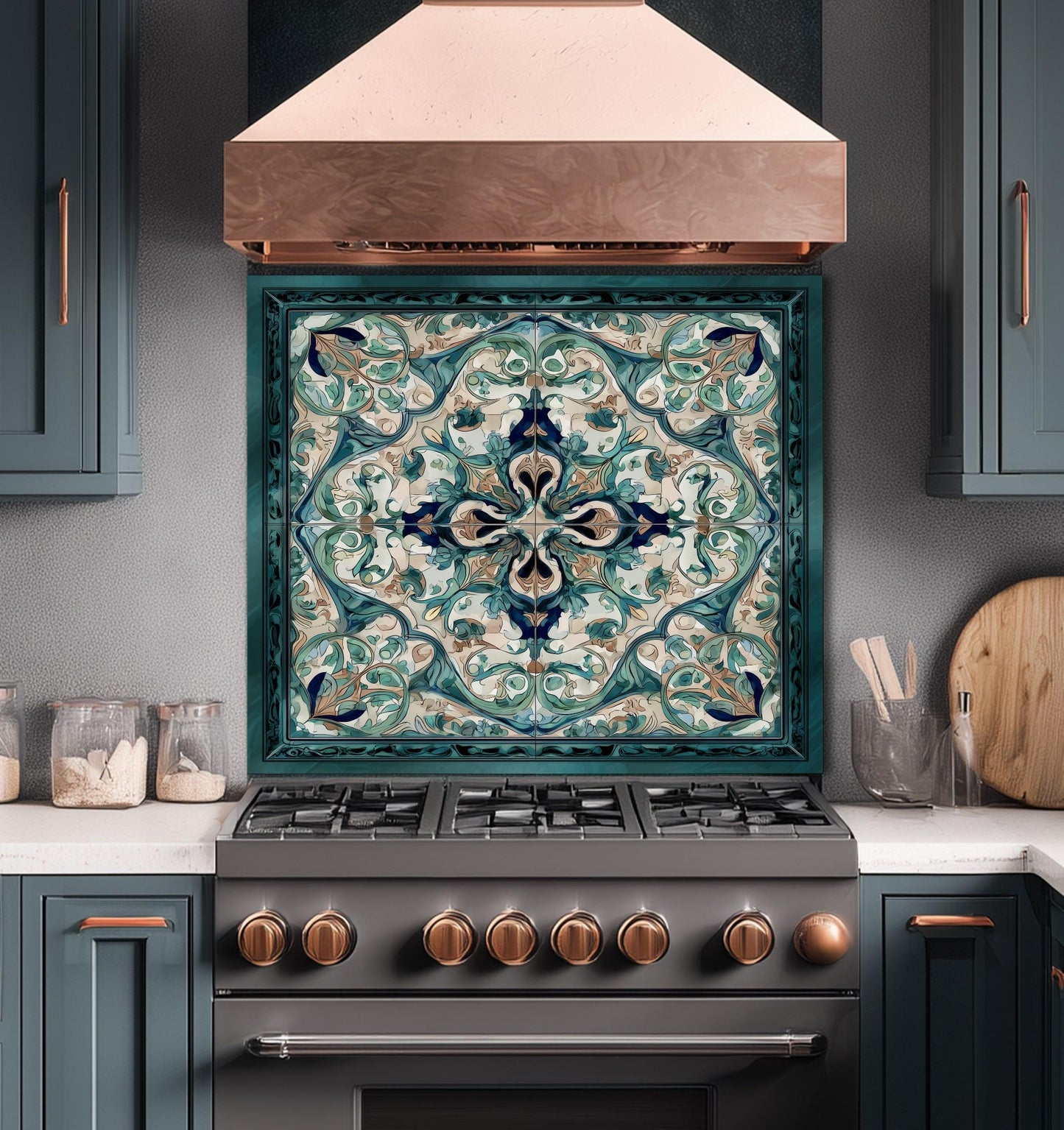 Baroque Acanthus Glass Backsplash, Teal Floral Wall Art, Custom Size Stove Panel