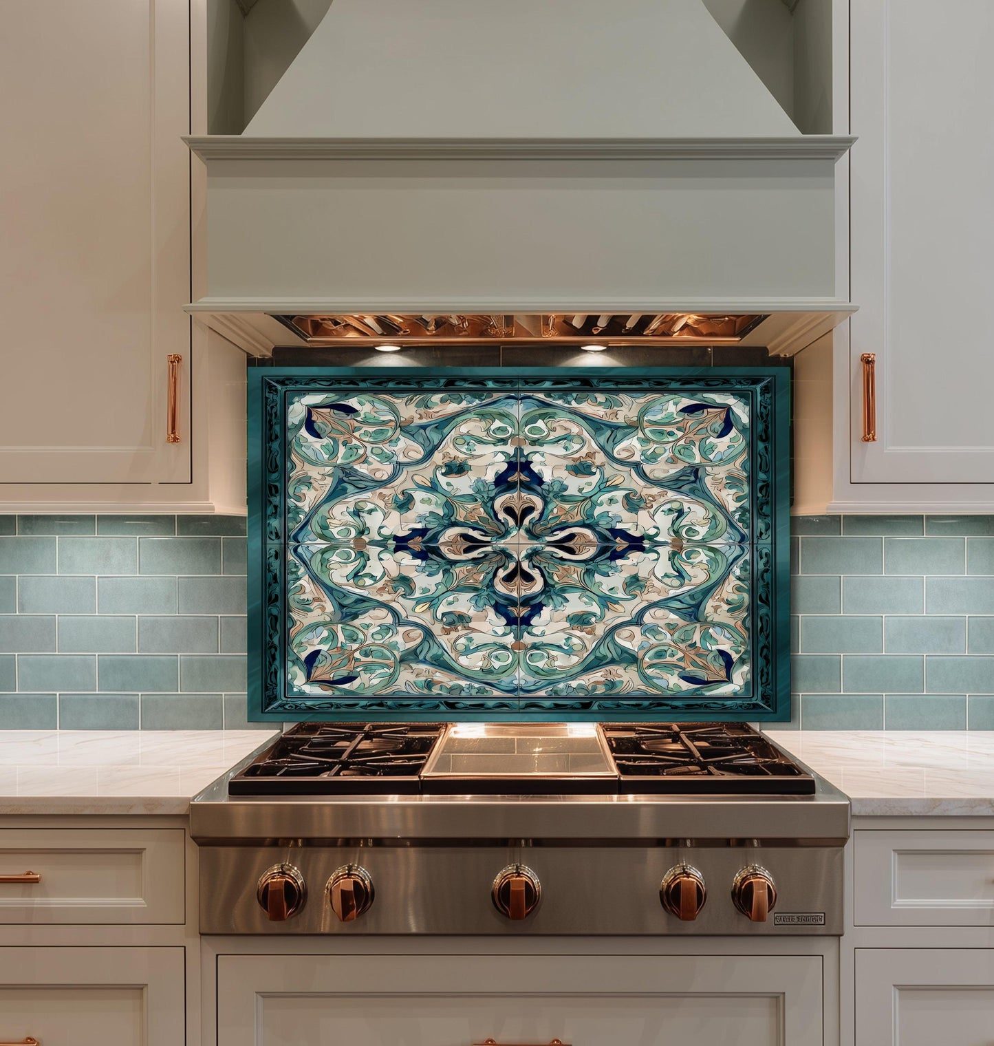 Baroque Acanthus Glass Backsplash, Teal Floral Wall Art, Custom Size Stove Panel