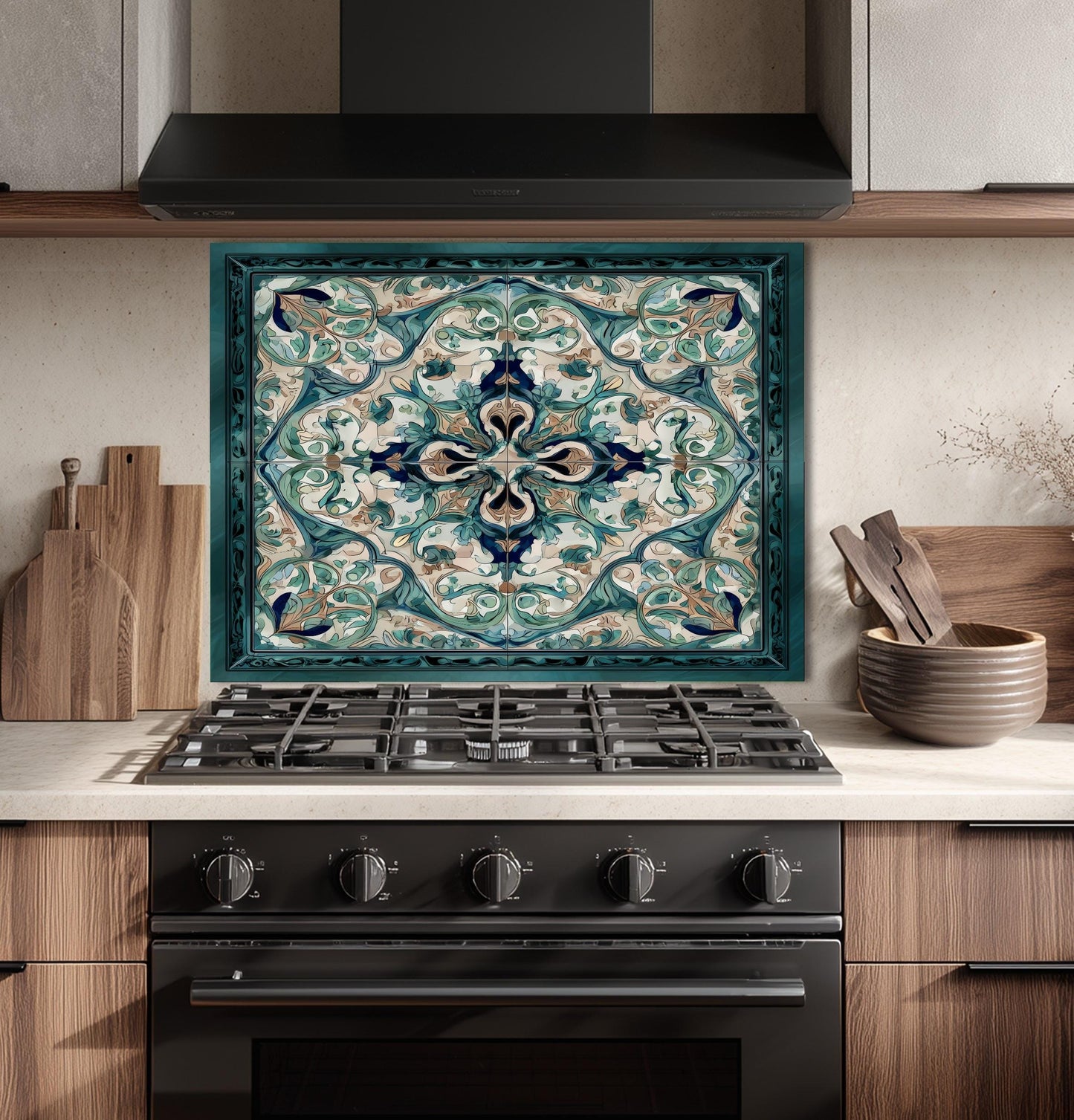 Baroque Acanthus Glass Backsplash, Teal Floral Wall Art, Custom Size Stove Panel