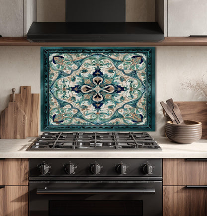 Baroque Acanthus Glass Backsplash, Teal Floral Wall Art, Custom Size Stove Panel