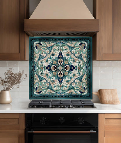 Baroque Acanthus Glass Backsplash, Teal Floral Wall Art, Custom Size Stove Panel