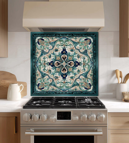Baroque Acanthus Glass Backsplash, Teal Floral Wall Art, Custom Size Stove Panel