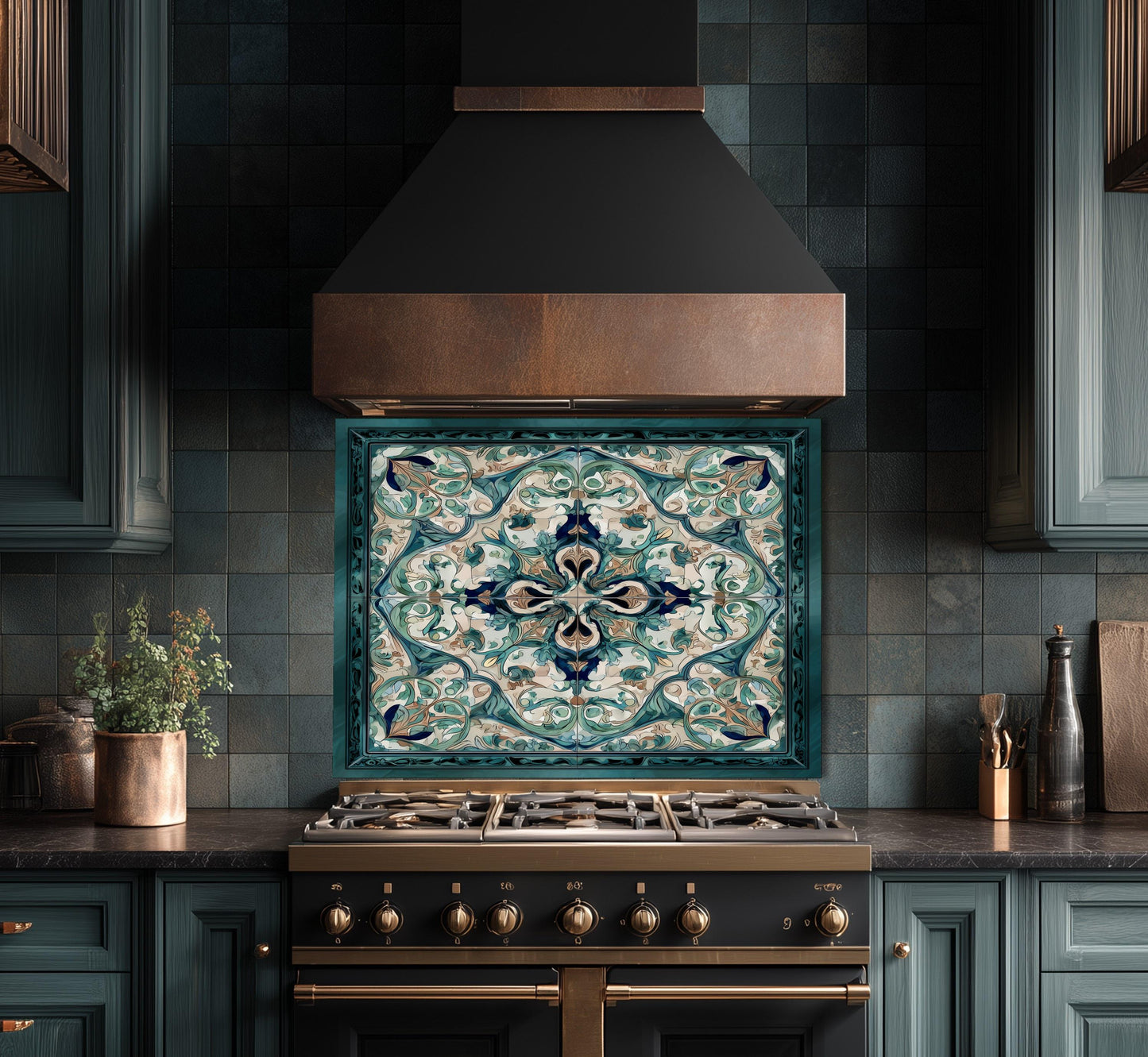 Baroque Acanthus Glass Backsplash, Teal Floral Wall Art, Custom Size Stove Panel