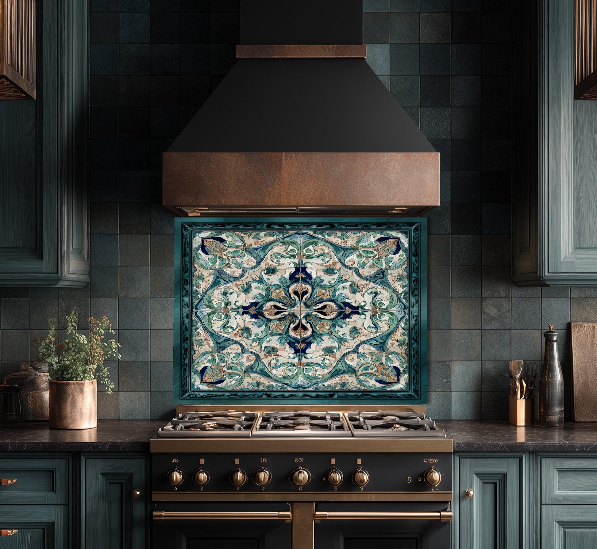 Baroque Acanthus Glass Backsplash, Teal Floral Wall Art, Custom Size Stove Panel