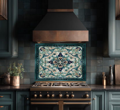 Baroque Acanthus Glass Backsplash, Teal Floral Wall Art, Custom Size Stove Panel