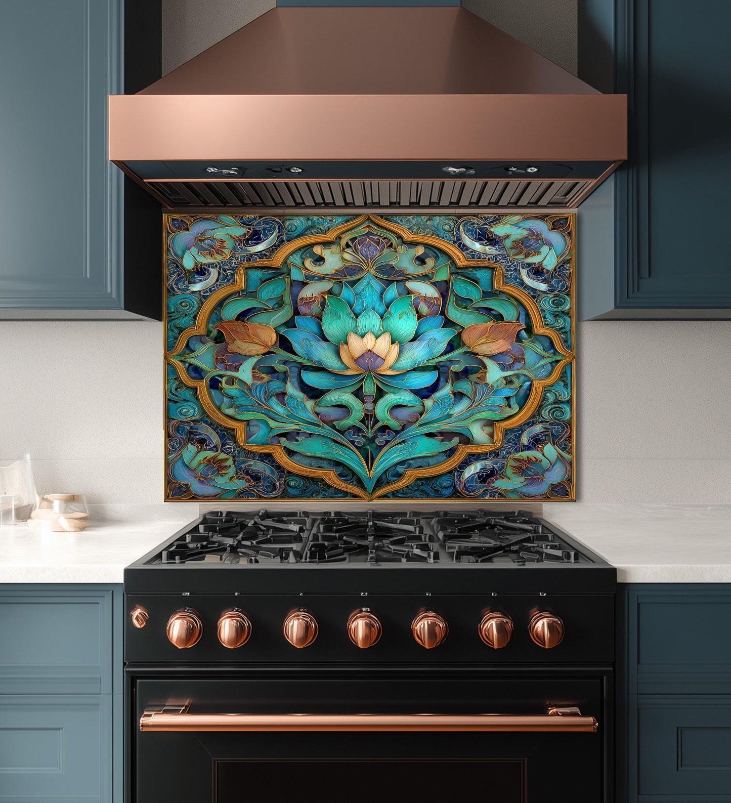 Ornate Floral Mandala Glass Backsplash, Turquoise Lotus Stove Panel, Custom Size Design
