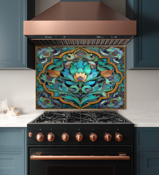 Ornate Floral Mandala Glass Backsplash, Turquoise Lotus Stove Panel, Custom Size Design