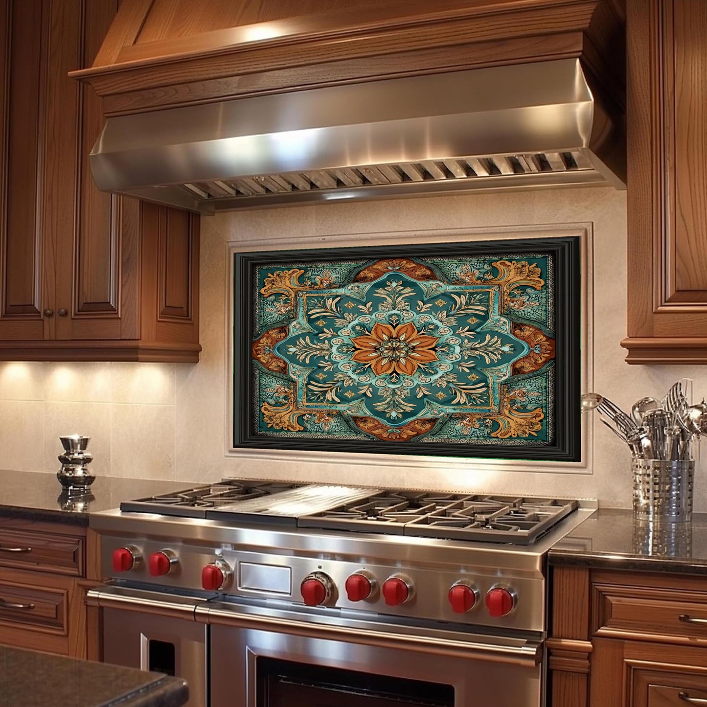 Turquoise & Copper Floral Backsplash, Heat Resistant Stove Guard, Custom Size Glass Art