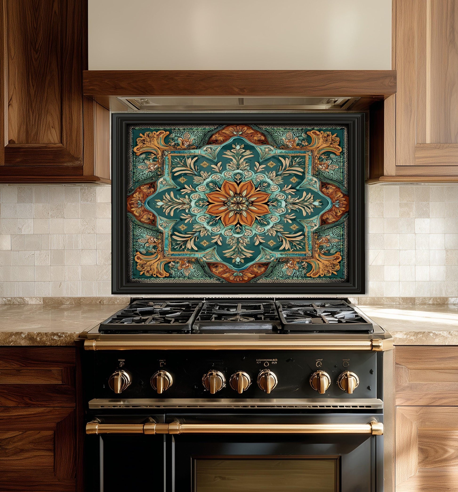 Turquoise & Copper Floral Backsplash, Heat Resistant Stove Guard, Custom Size Glass Art