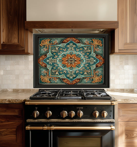 Turquoise & Copper Floral Backsplash, Heat Resistant Stove Guard, Custom Size Glass Art