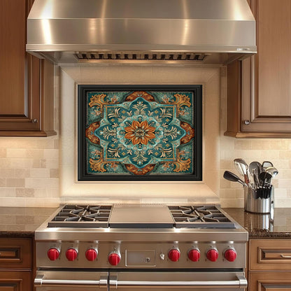 Turquoise & Copper Floral Backsplash, Heat Resistant Stove Guard, Custom Size Glass Art