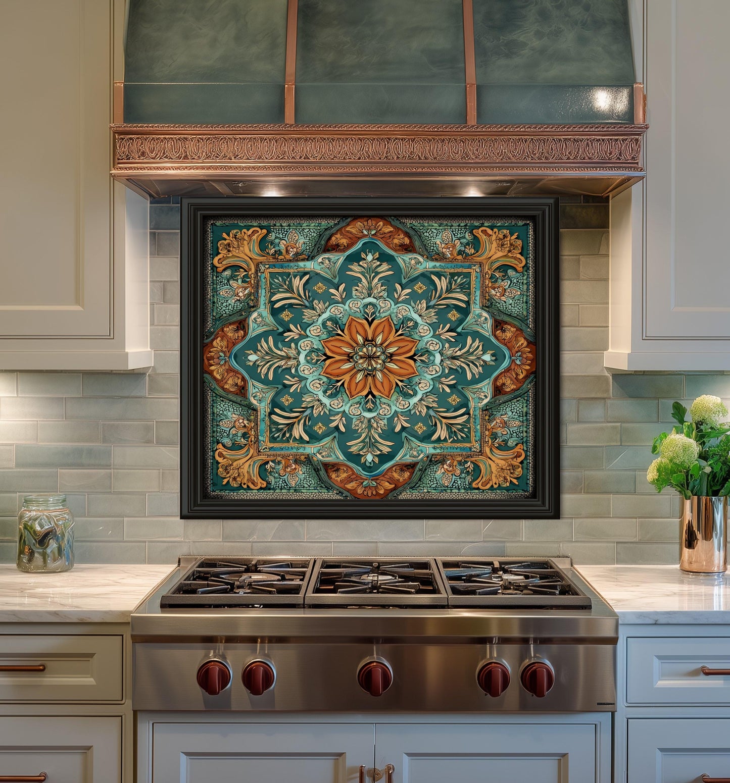 Turquoise & Copper Floral Backsplash, Heat Resistant Stove Guard, Custom Size Glass Art