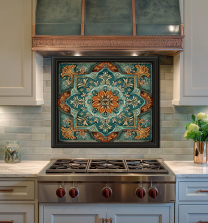 Turquoise & Copper Floral Backsplash, Heat Resistant Stove Guard, Custom Size Glass Art