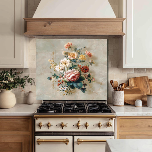 Floral Bouquet Marble Backsplash, Vibrant Botanical Stove Guard, Custom Size Glass Art