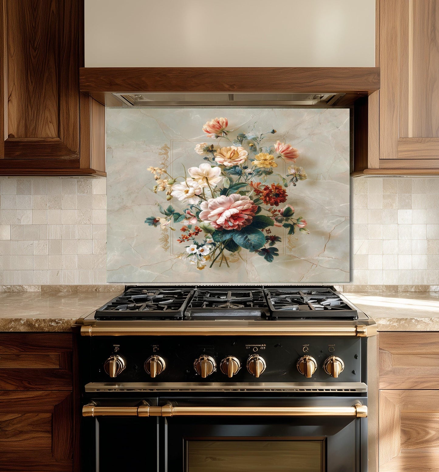 Floral Bouquet Marble Backsplash, Vibrant Botanical Stove Guard, Custom Size Glass Art