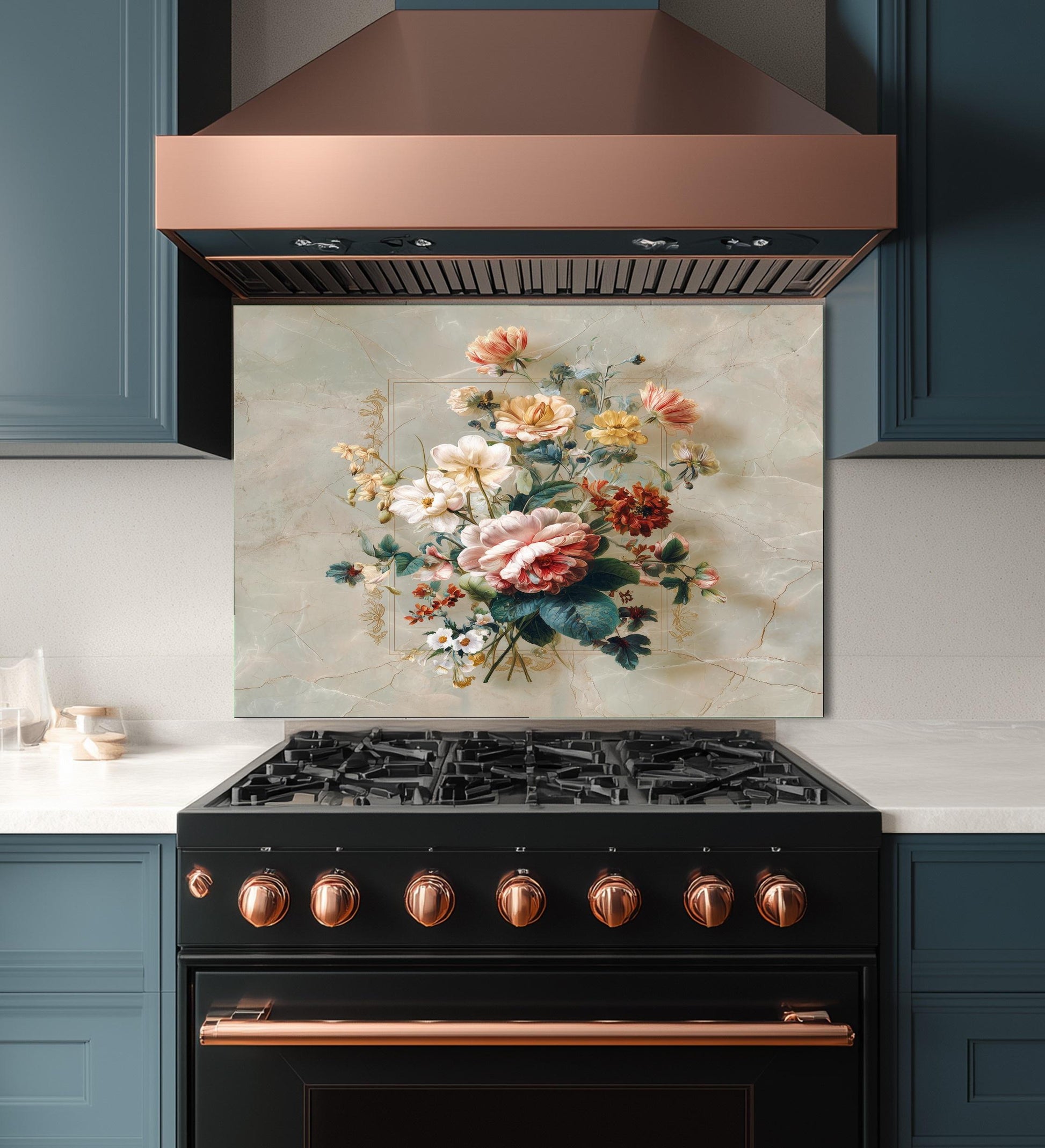 Floral Bouquet Marble Backsplash, Vibrant Botanical Stove Guard, Custom Size Glass Art
