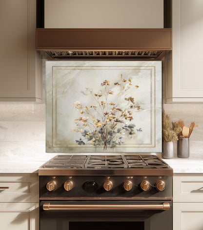 Golden Wildflower Marble Backsplash, Soft Watercolor Stove Guard, Custom Size Glass Art