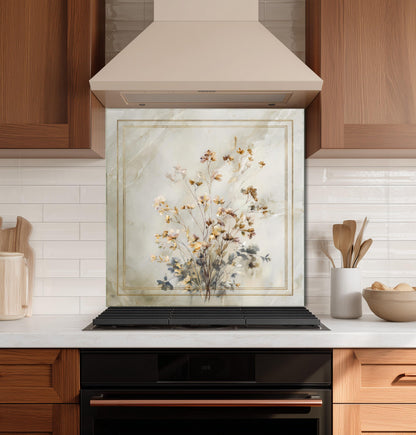 Golden Wildflower Marble Backsplash, Soft Watercolor Stove Guard, Custom Size Glass Art
