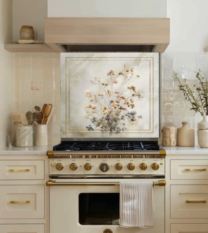Golden Wildflower Marble Backsplash, Soft Watercolor Stove Guard, Custom Size Glass Art